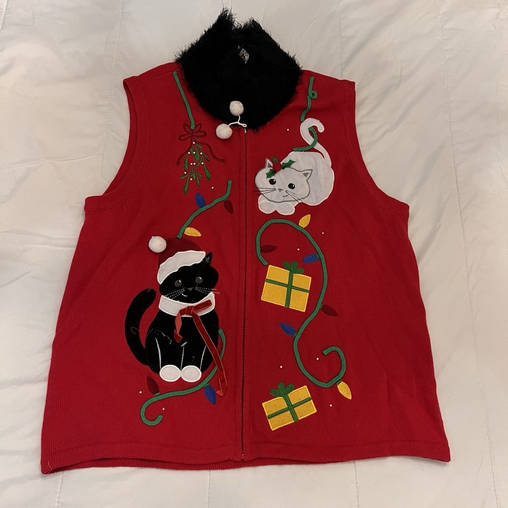 Vintage Sophia Jayne Red Christmas Sweater Vest Womens XL Cat Zip Up Light Boxes